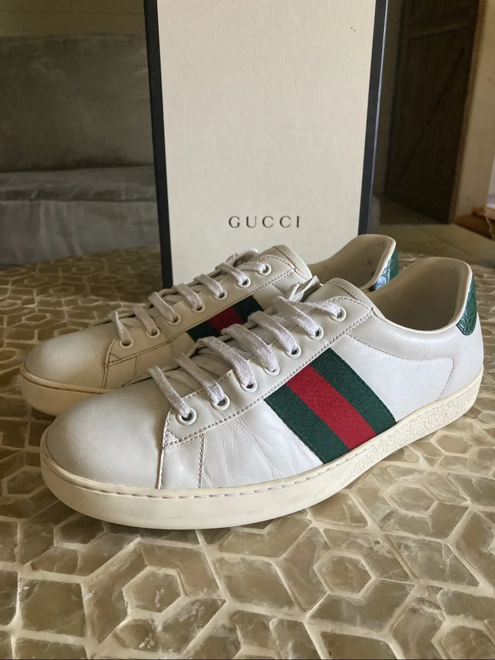 Gucci Men’s Ace Leather Web Low-Top Sneakers (9.5)